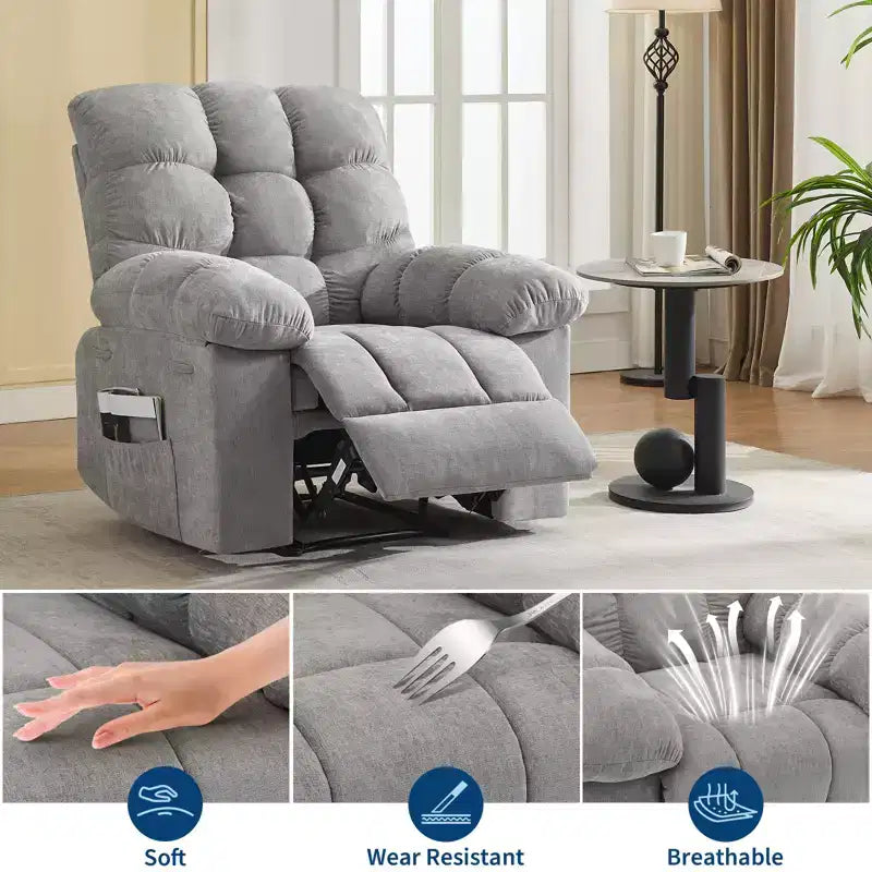 Poltrona Reclinabile a Dondolo con Funzione Massaggio e Riscaldamento, Tessuto Traspirante Ergonomico, 2 Tasche Laterali, per Soggiorno, Camera da Letto