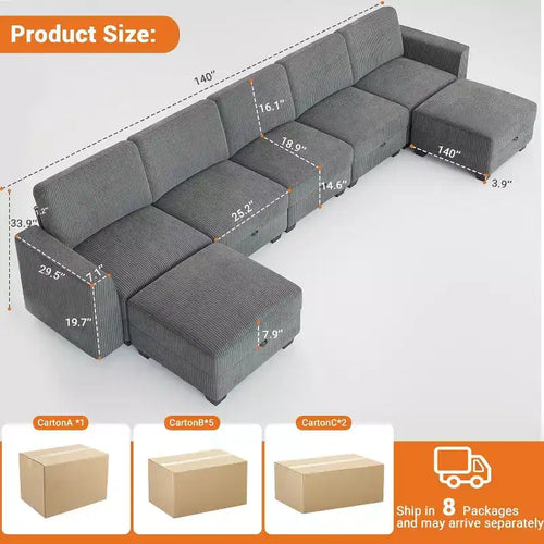 Divano a U grande da 140 cm con pouf chaise longue, divano modulare convertibile con pouf a 7 posti per soggiorno, ufficio - Grigio