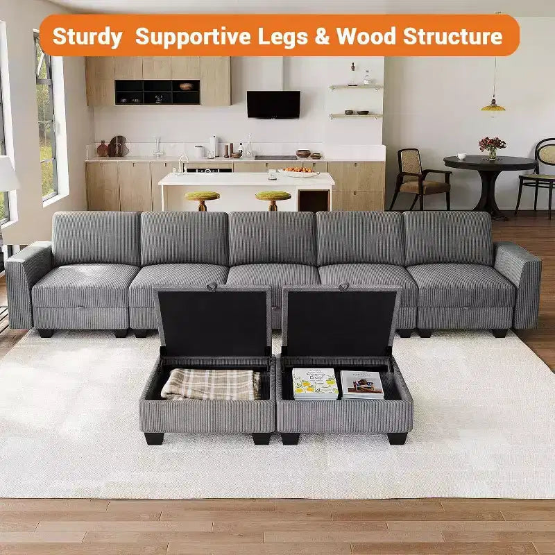 Divano a U grande da 140 cm con pouf chaise longue, divano modulare convertibile con pouf a 7 posti per soggiorno, ufficio - Grigio