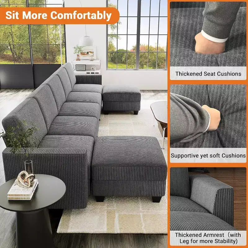 Divano a U grande da 140 cm con pouf chaise longue, divano modulare convertibile con pouf a 7 posti per soggiorno, ufficio - Grigio