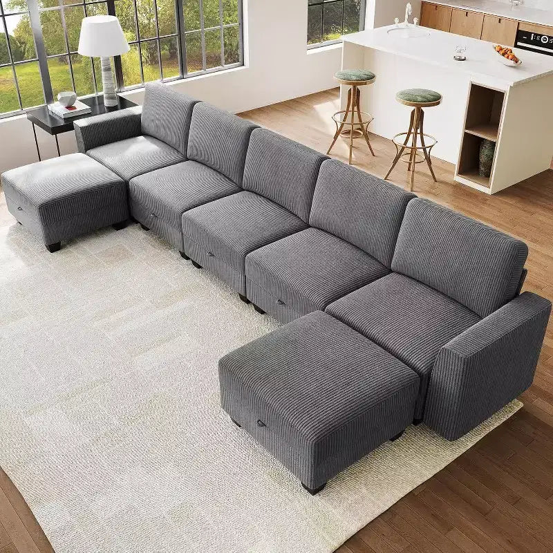 Divano a U grande da 140 cm con pouf chaise longue, divano modulare convertibile con pouf a 7 posti per soggiorno, ufficio - Grigio