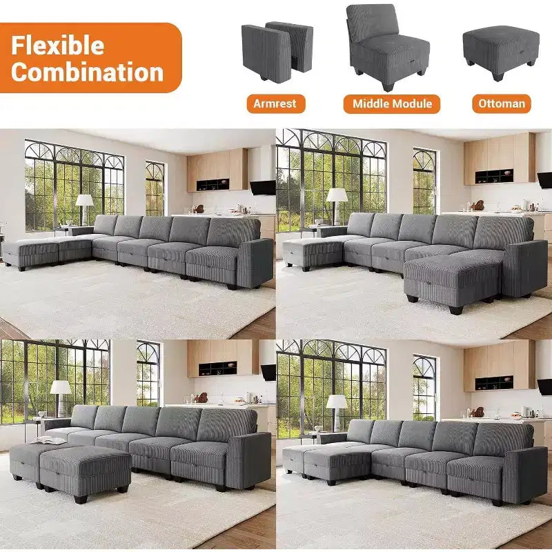 Divano a U grande da 140 cm con pouf chaise longue, divano modulare convertibile con pouf a 7 posti per soggiorno, ufficio - Grigio