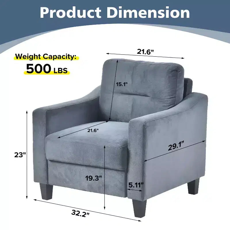 Poltrona singola imbottita in velluto Divanetti Poltrona accentata moderna con gambe in legno per soggiorno camera da letto ufficio, grigio