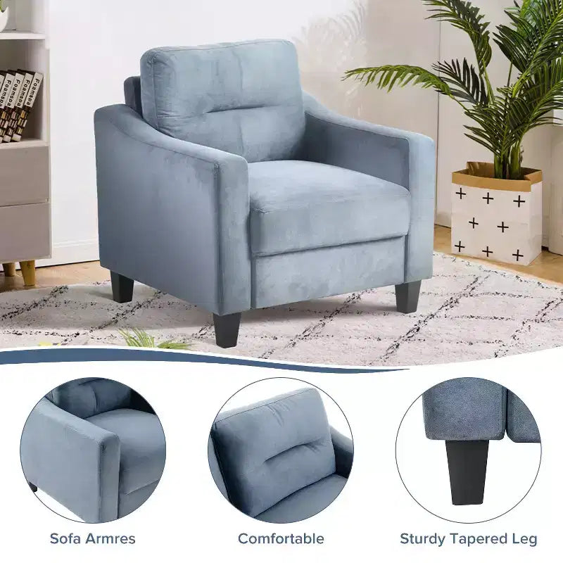 Poltrona singola imbottita in velluto Divanetti Poltrona accentata moderna con gambe in legno per soggiorno camera da letto ufficio, grigio