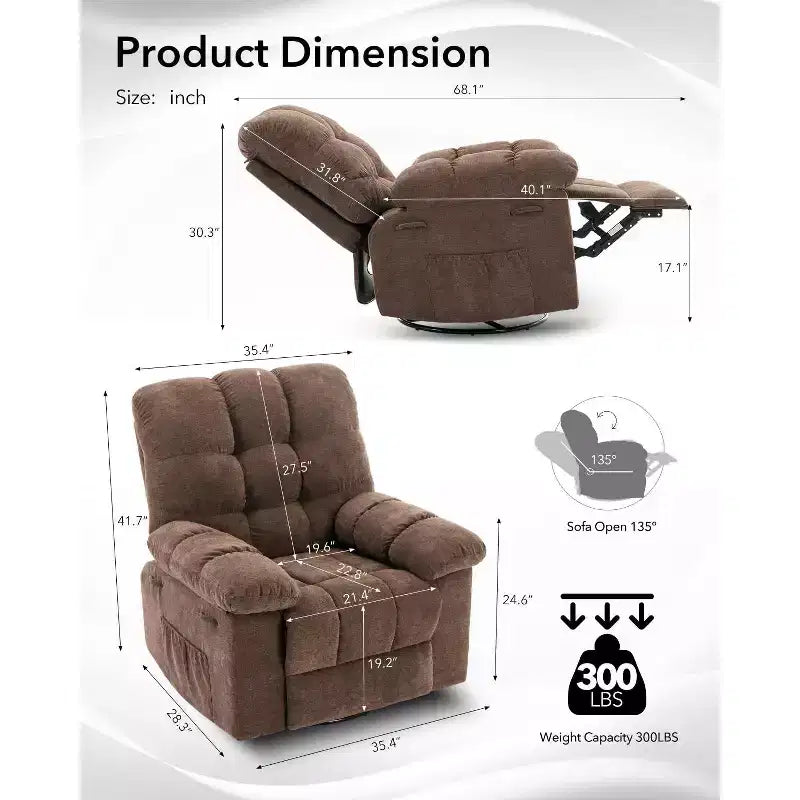 Poltrona Reclinabile Basculante, Girevole a 360°, Reclinabile Singola Lazy Boy, Recliner Manuale Extra Largo, Rivestimento in ciniglia Sovraccarico Morbido