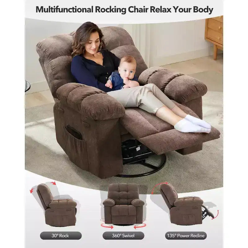 Poltrona Reclinabile Basculante, Girevole a 360°, Reclinabile Singola Lazy Boy, Recliner Manuale Extra Largo, Rivestimento in ciniglia Sovraccarico Morbido
