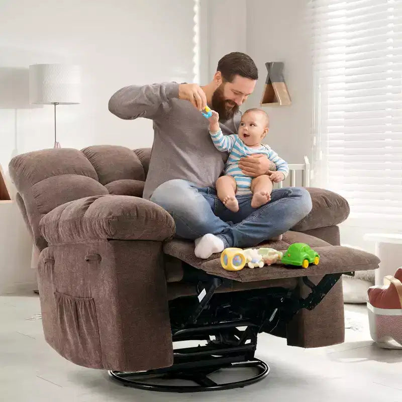 Poltrona Reclinabile Basculante, Girevole a 360°, Reclinabile Singola Lazy Boy, Recliner Manuale Extra Largo, Rivestimento in ciniglia Sovraccarico Morbido