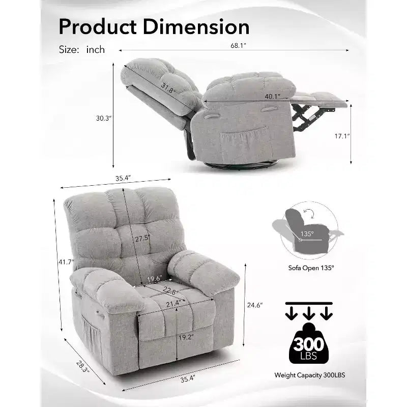 Poltrona Reclinabile Basculante, Girevole a 360°, Reclinabile Singola Lazy Boy, Recliner Manuale Extra Largo, Rivestimento in ciniglia Sovraccarico Morbido
