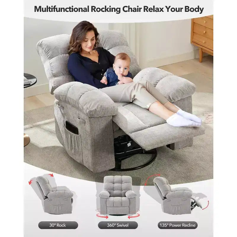 Poltrona Reclinabile Basculante, Girevole a 360°, Reclinabile Singola Lazy Boy, Recliner Manuale Extra Largo, Rivestimento in ciniglia Sovraccarico Morbido