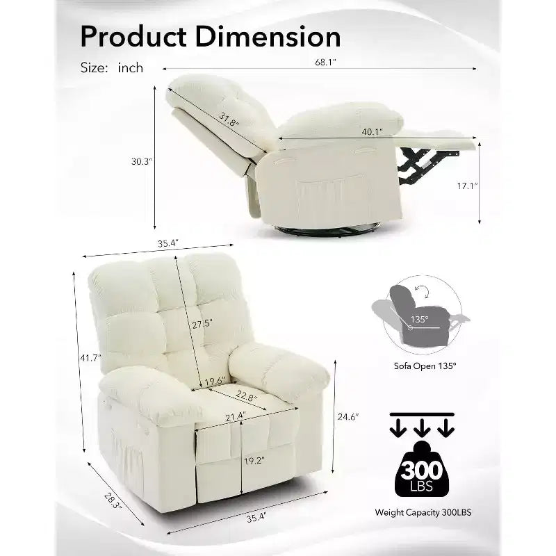 Poltrona Reclinabile Basculante, Girevole a 360°, Reclinabile Singola Lazy Boy, Recliner Manuale Extra Largo, Rivestimento in ciniglia Sovraccarico Morbido