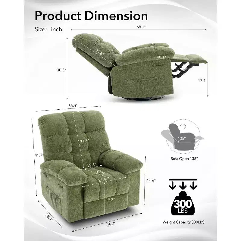 Poltrona Reclinabile Basculante, Girevole a 360°, Reclinabile Singola Lazy Boy, Recliner Manuale Extra Largo, Rivestimento in ciniglia Sovraccarico Morbido