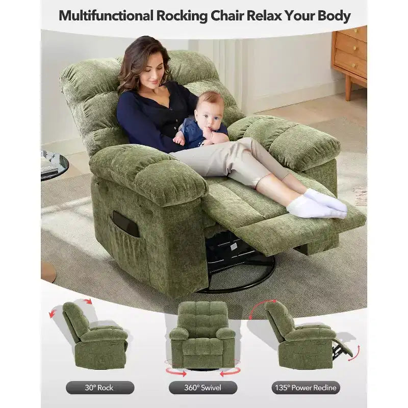 Poltrona Reclinabile Basculante, Girevole a 360°, Reclinabile Singola Lazy Boy, Recliner Manuale Extra Largo, Rivestimento in ciniglia Sovraccarico Morbido