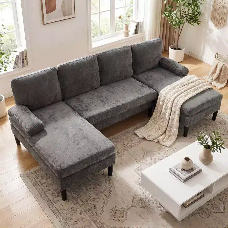 Divano Costway, divano a U con doppia chaise longue, braccioli imbottiti a cuscino per la casa beige/verde/grigio