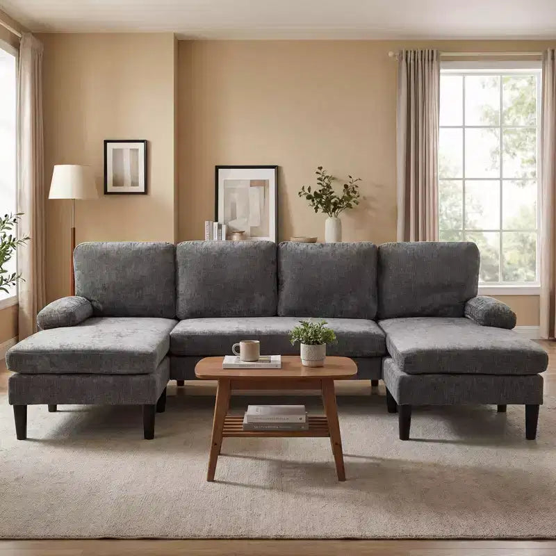 Divano Costway, divano a U con doppia chaise longue, braccioli imbottiti a cuscino per la casa beige/verde/grigio