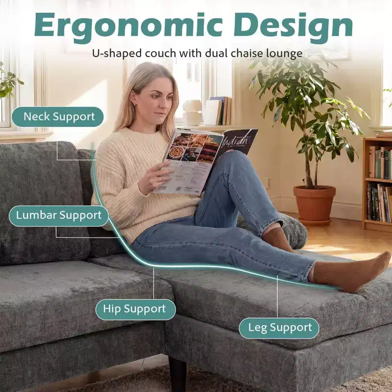 Divano Costway, divano a U con doppia chaise longue, braccioli imbottiti a cuscino per la casa beige/verde/grigio