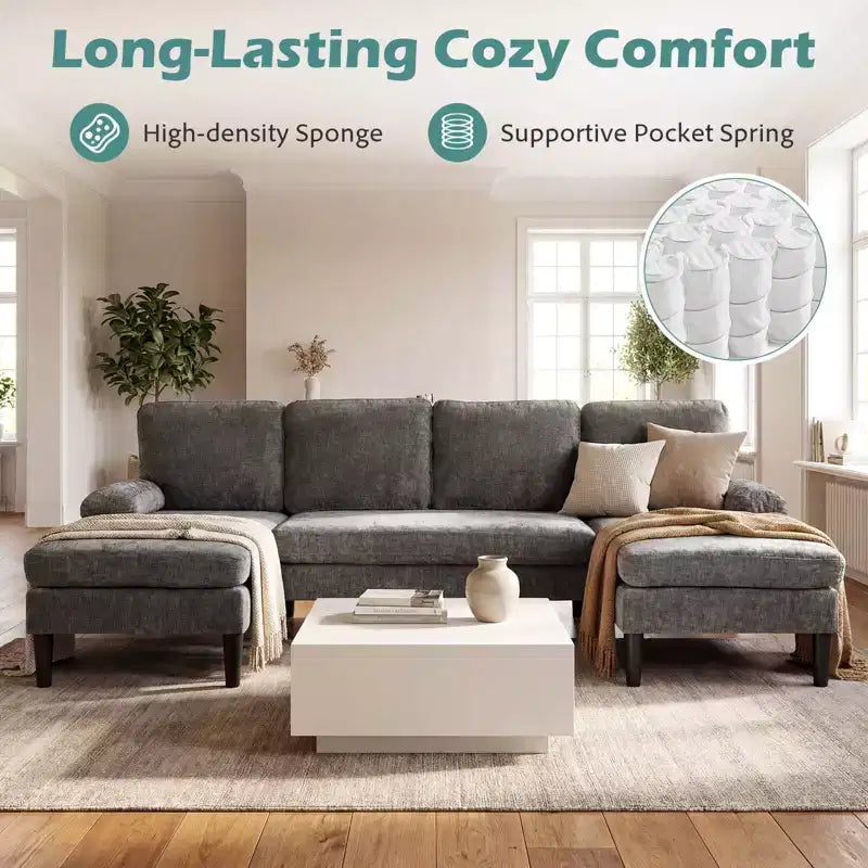 Divano Costway, divano a U con doppia chaise longue, braccioli imbottiti a cuscino per la casa beige/verde/grigio