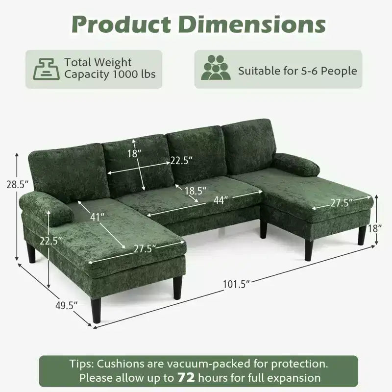 Divano Costway, divano a U con doppia chaise longue, braccioli imbottiti a cuscino per la casa beige/verde/grigio