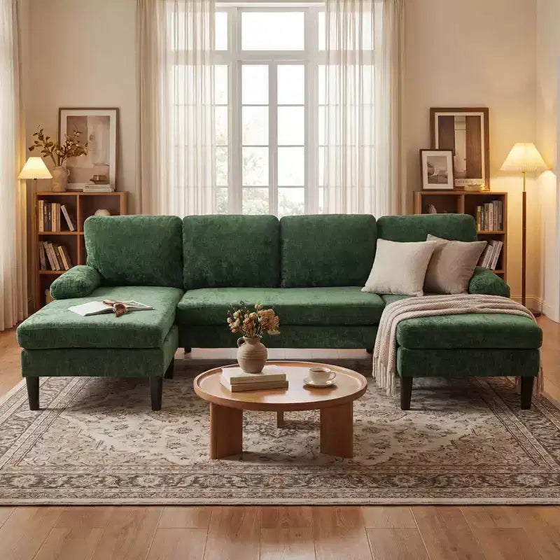 Divano Costway, divano a U con doppia chaise longue, braccioli imbottiti a cuscino per la casa beige/verde/grigio