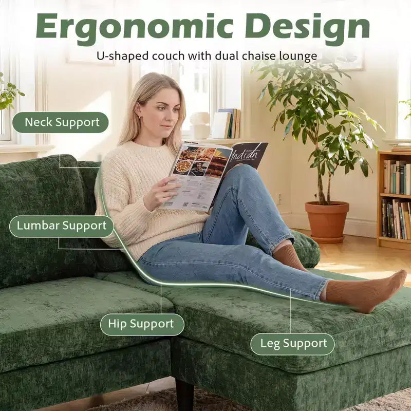 Divano Costway, divano a U con doppia chaise longue, braccioli imbottiti a cuscino per la casa beige/verde/grigio