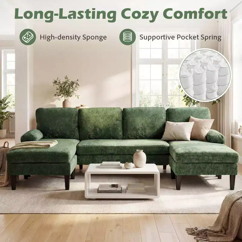 Divano Costway, divano a U con doppia chaise longue, braccioli imbottiti a cuscino per la casa beige/verde/grigio