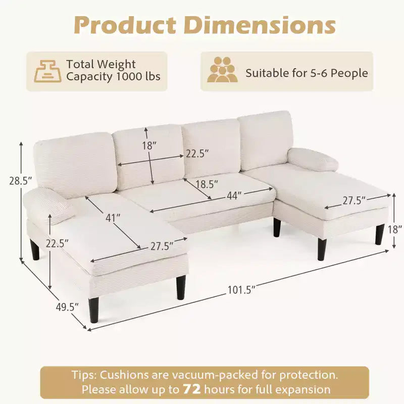 Divano Costway, divano a U con doppia chaise longue, braccioli imbottiti a cuscino per la casa beige/verde/grigio