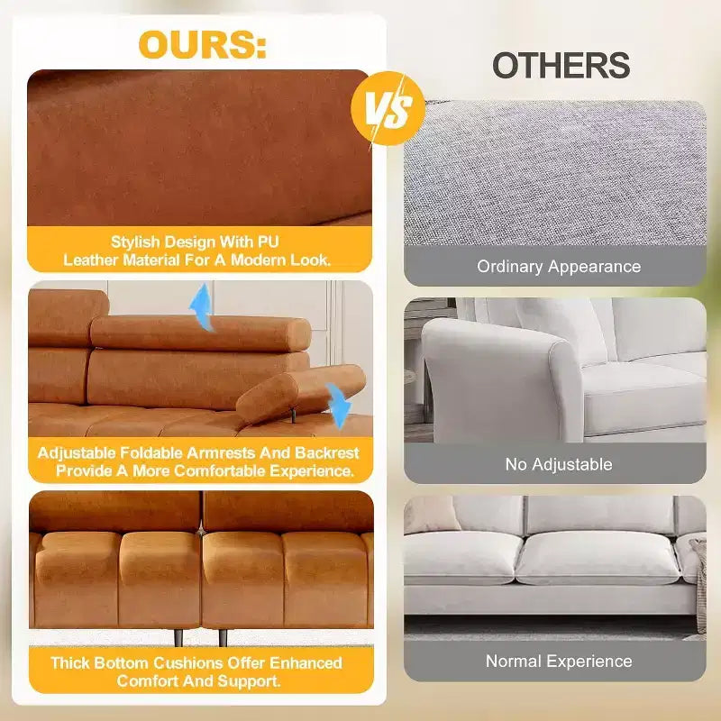 Divano letto futon in similpelle a 3 posti, divano convertibile con schienali, braccioli e poggiatesta regolabili, con due divani separati e divisibili