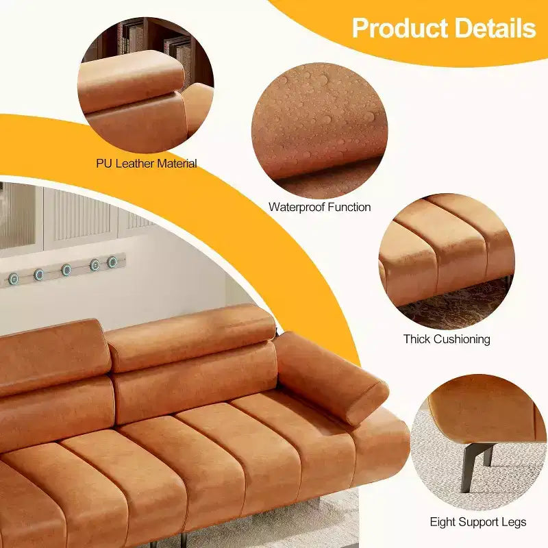 Divano letto futon in similpelle a 3 posti, divano convertibile con schienali, braccioli e poggiatesta regolabili, con due divani separati e divisibili