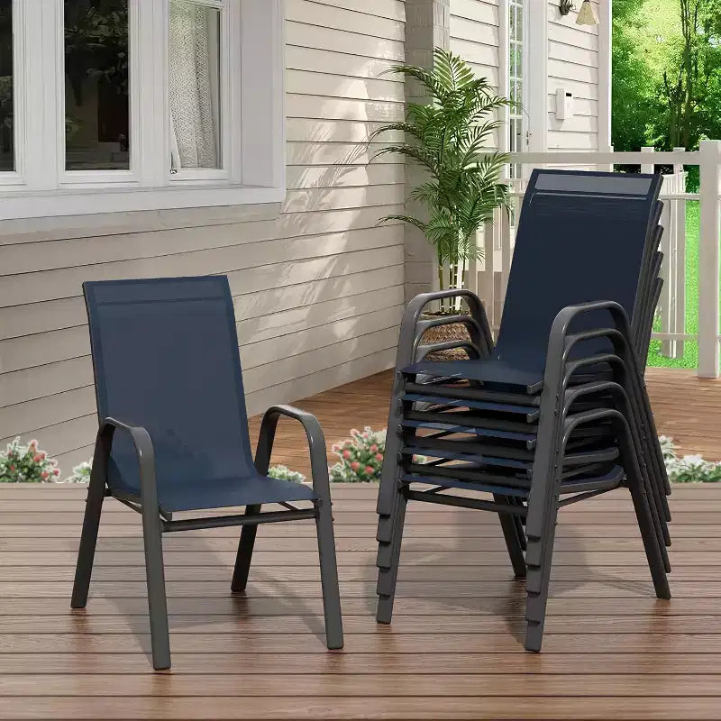di 4 sedie da pranzo impilabili per esterni, in tessuto Textilene, design alto e resistente alle intemperie per cortile, bordo piscina, giardino, balcone, blu marino