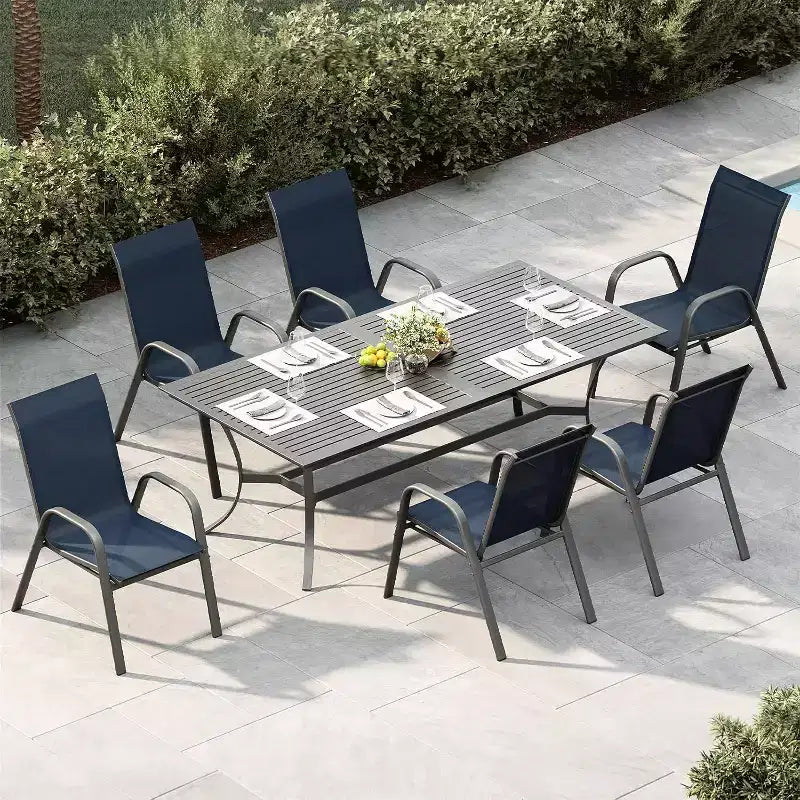 di 4 sedie da pranzo impilabili per esterni, in tessuto Textilene, design alto e resistente alle intemperie per cortile, bordo piscina, giardino, balcone, blu marino
