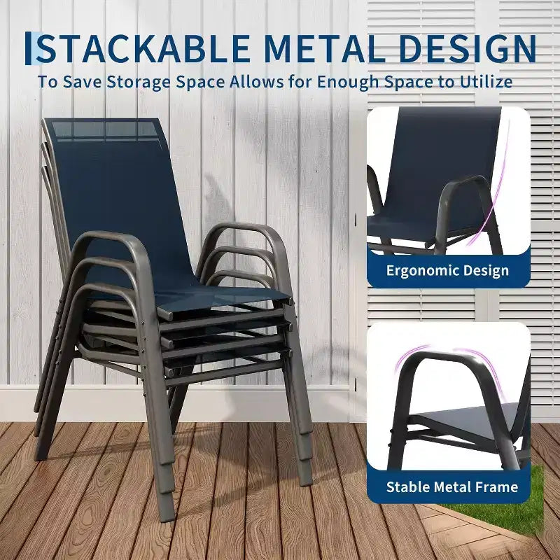 di 4 sedie da pranzo impilabili per esterni, in tessuto Textilene, design alto e resistente alle intemperie per cortile, bordo piscina, giardino, balcone, blu marino