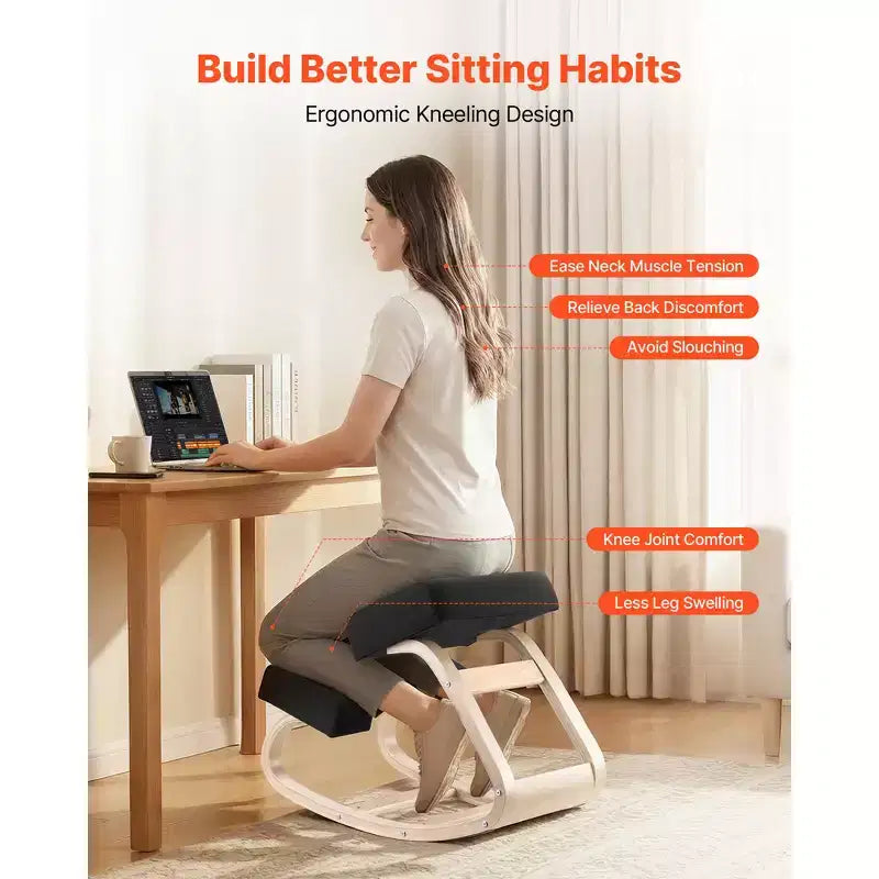 Sedia Ergonomica Inginocchiata VEVOR, Sedia Posturale In Legno con Spesse Imbottiture in Schiuma e Solida Struttura in Legno, Altezza Regolabile, Nera