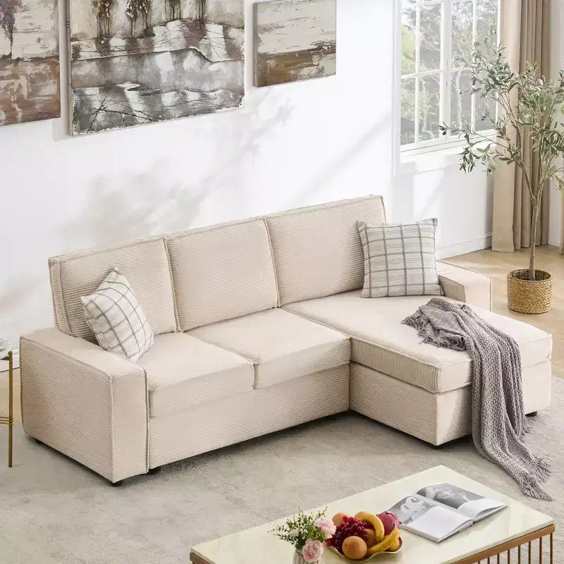 Divano modulare a L, divano cloud in velluto a coste con seduta profonda e chaise longue, convertibile per soggiorno ufficio