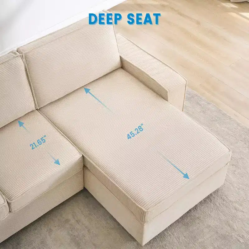 Divano modulare a L, divano cloud in velluto a coste con seduta profonda e chaise longue, convertibile per soggiorno ufficio
