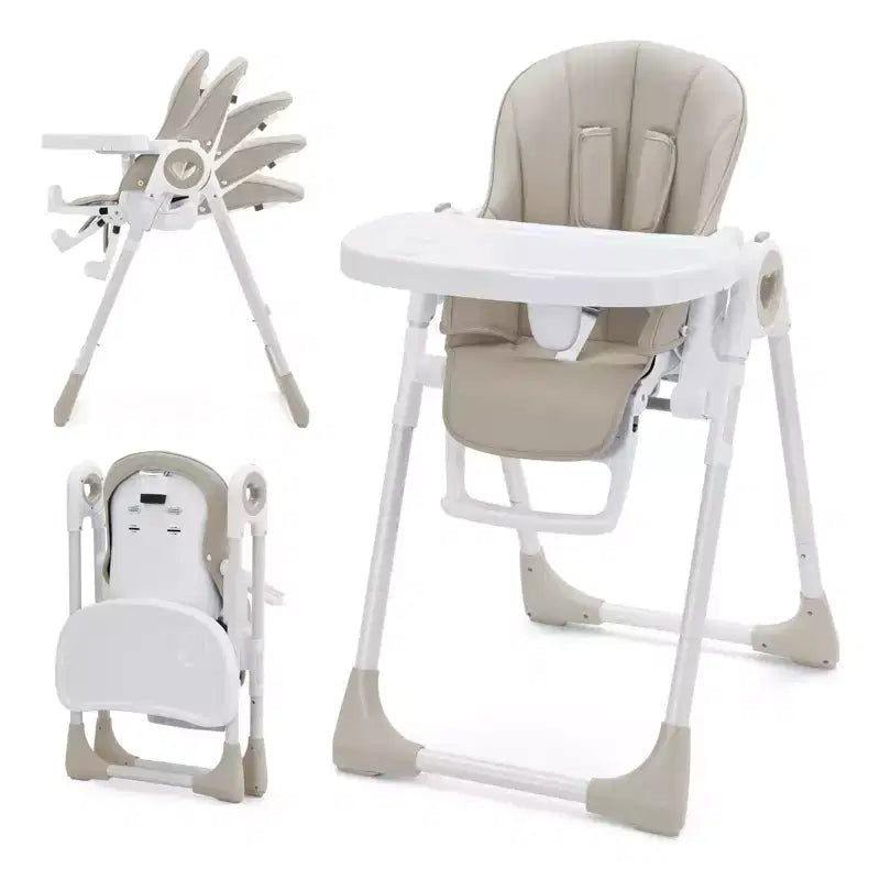 Seggiolone Pappa Pieghevole con 7 Altezza/5 Reclinazioni, Doppio Vassoio, Cinture a 5 Punti, Chiusura ad 1 Mano, Facile da Pulire, Portatile, Grigio/Champagne
