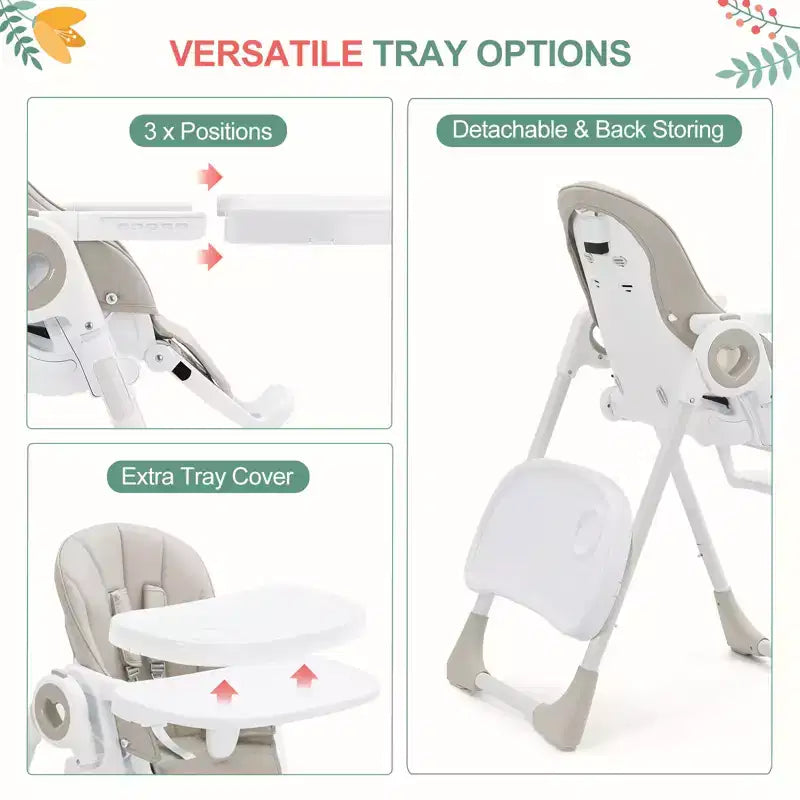 Seggiolone Pappa Pieghevole con 7 Altezza/5 Reclinazioni, Doppio Vassoio, Cinture a 5 Punti, Chiusura ad 1 Mano, Facile da Pulire, Portatile, Grigio/Champagne
