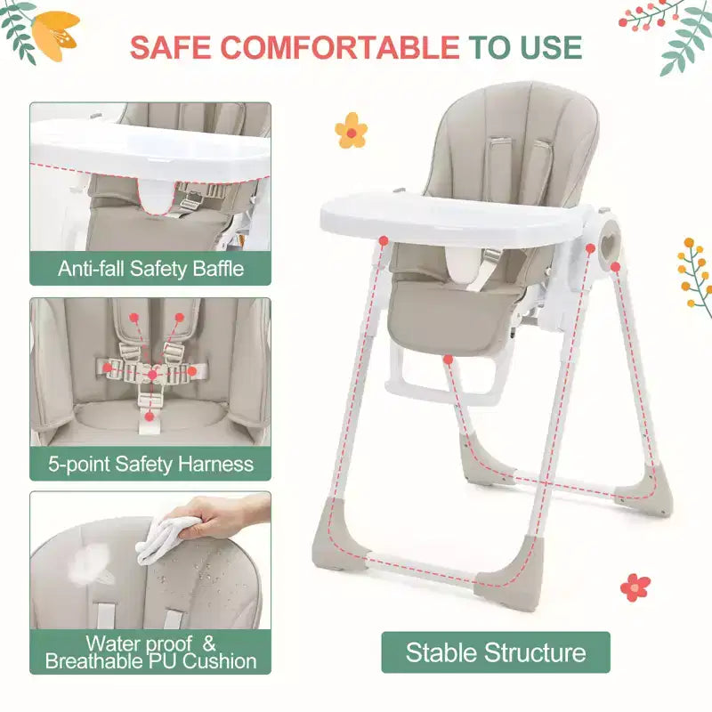 Seggiolone Pappa Pieghevole con 7 Altezza/5 Reclinazioni, Doppio Vassoio, Cinture a 5 Punti, Chiusura ad 1 Mano, Facile da Pulire, Portatile, Grigio/Champagne