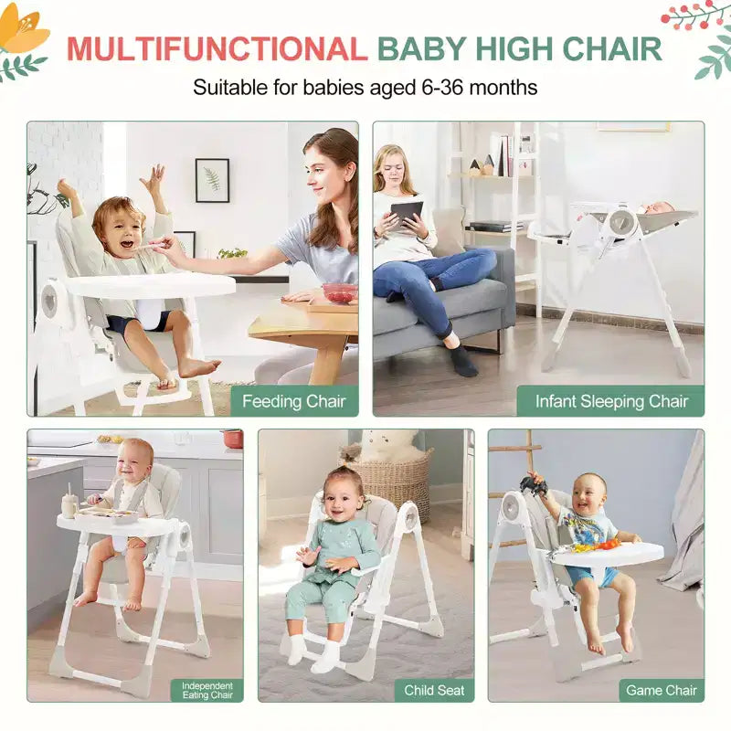 Seggiolone Pappa Pieghevole con 7 Altezza/5 Reclinazioni, Doppio Vassoio, Cinture a 5 Punti, Chiusura ad 1 Mano, Facile da Pulire, Portatile, Grigio/Champagne