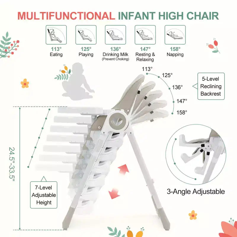 Seggiolone Pappa Pieghevole con 7 Altezza/5 Reclinazioni, Doppio Vassoio, Cinture a 5 Punti, Chiusura ad 1 Mano, Facile da Pulire, Portatile, Grigio/Champagne