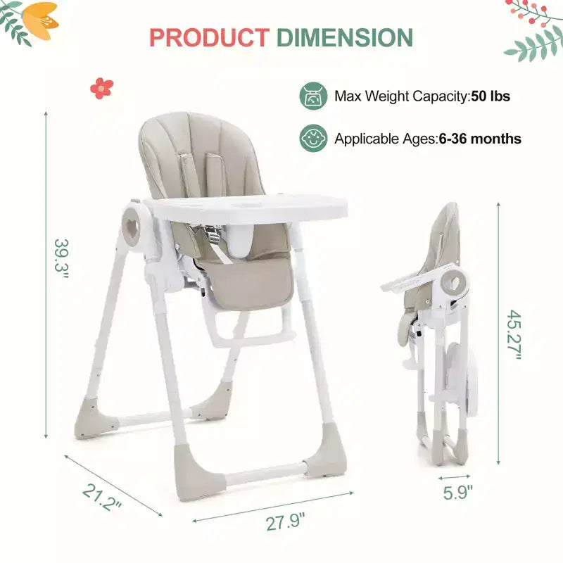 Seggiolone Pappa Pieghevole con 7 Altezza/5 Reclinazioni, Doppio Vassoio, Cinture a 5 Punti, Chiusura ad 1 Mano, Facile da Pulire, Portatile, Grigio/Champagne