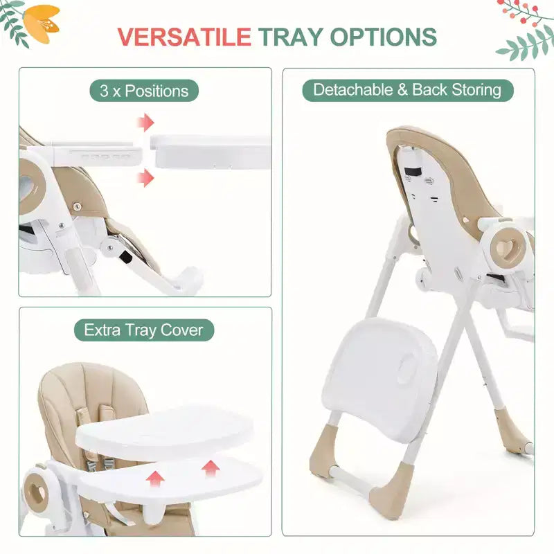 Seggiolone Pappa Pieghevole con 7 Altezza/5 Reclinazioni, Doppio Vassoio, Cinture a 5 Punti, Chiusura ad 1 Mano, Facile da Pulire, Portatile, Grigio/Champagne