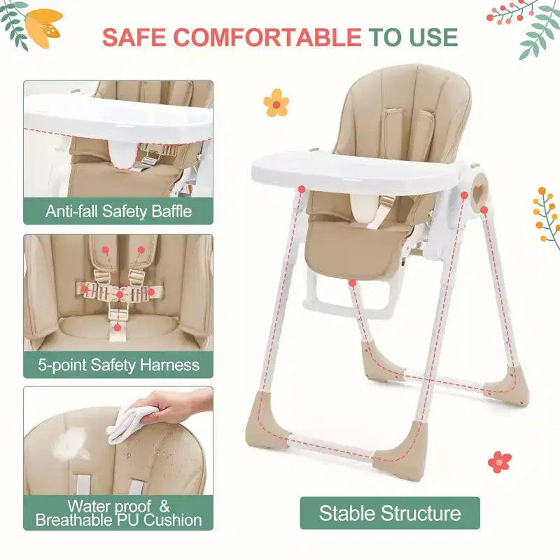 Seggiolone Pappa Pieghevole con 7 Altezza/5 Reclinazioni, Doppio Vassoio, Cinture a 5 Punti, Chiusura ad 1 Mano, Facile da Pulire, Portatile, Grigio/Champagne