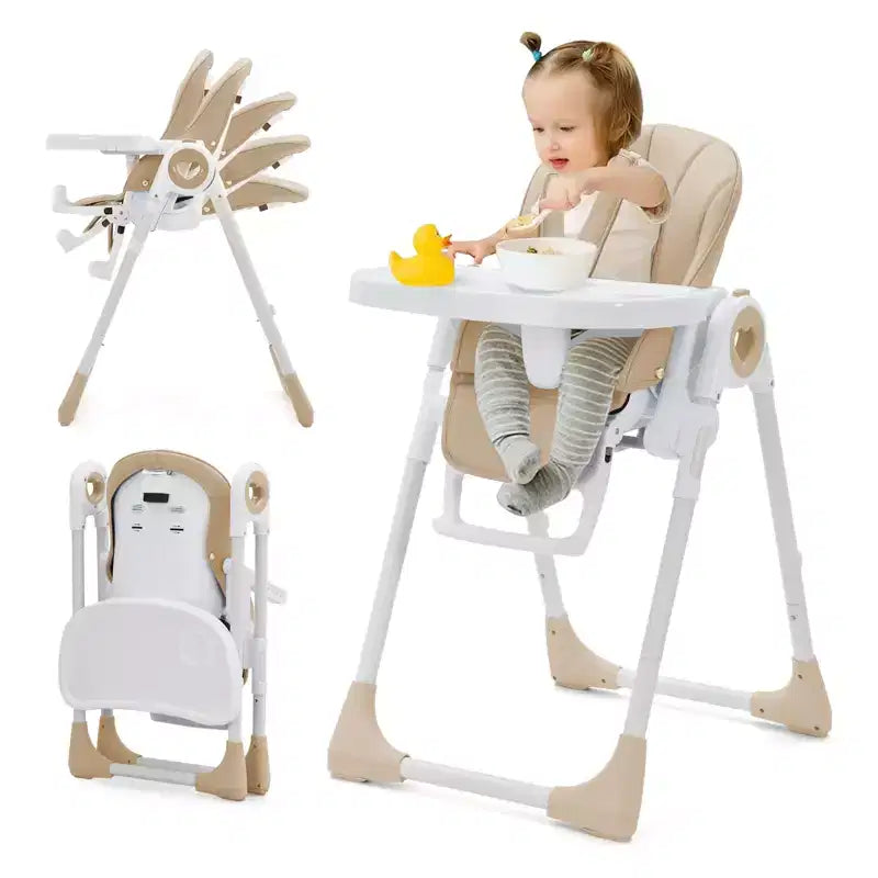 Seggiolone Pappa Pieghevole con 7 Altezza/5 Reclinazioni, Doppio Vassoio, Cinture a 5 Punti, Chiusura ad 1 Mano, Facile da Pulire, Portatile, Grigio/Champagne