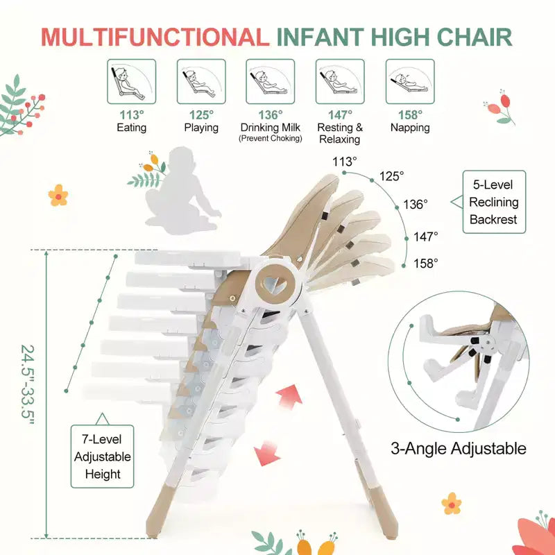 Seggiolone Pappa Pieghevole con 7 Altezza/5 Reclinazioni, Doppio Vassoio, Cinture a 5 Punti, Chiusura ad 1 Mano, Facile da Pulire, Portatile, Grigio/Champagne