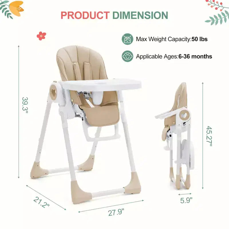 Seggiolone Pappa Pieghevole con 7 Altezza/5 Reclinazioni, Doppio Vassoio, Cinture a 5 Punti, Chiusura ad 1 Mano, Facile da Pulire, Portatile, Grigio/Champagne