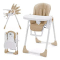 Collapsible Baby High Chair with 7-Height/5-Recline, Double Tray, 5-Pt Harness, 1-Hand Fold, Easy-Clean, Portable, Grey/Champagne