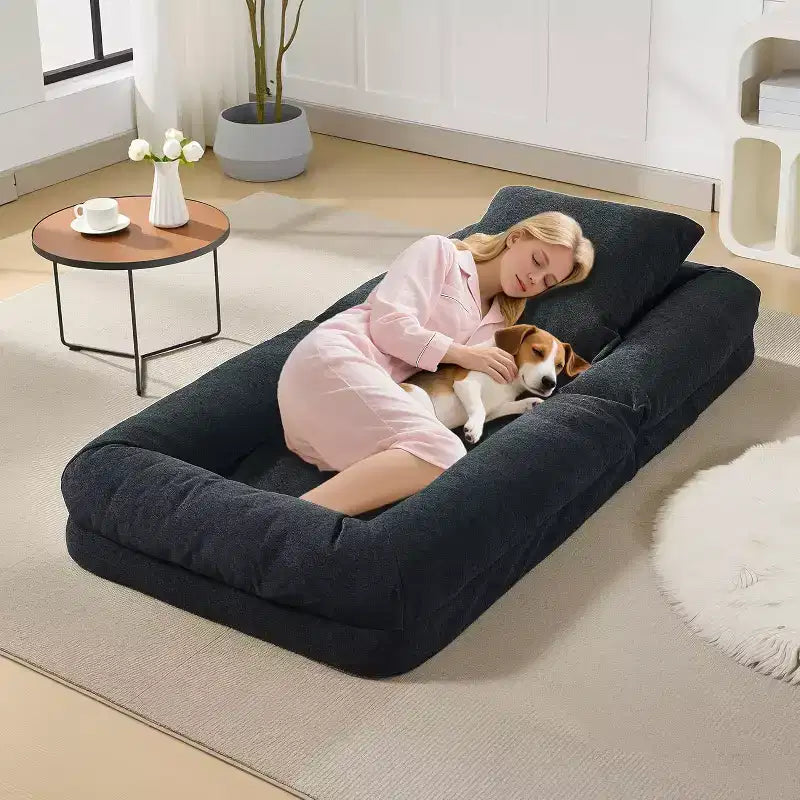 Letto Convertibile per Cani e Umani, Divano Letto Relax con Schienale Regolabile in 5 Posizioni, Poltrona Sacco, Cuccia Grande per Animali Domestici con Struttura in Metallo, per Soggiorno