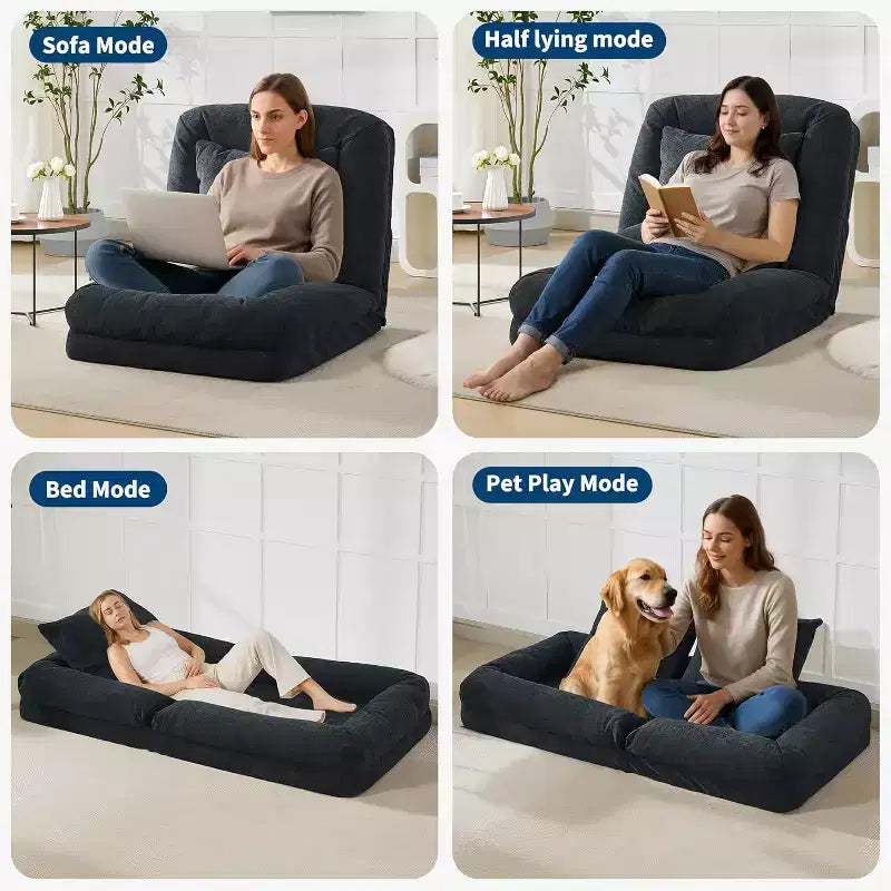 Letto Convertibile per Cani e Umani, Divano Letto Relax con Schienale Regolabile in 5 Posizioni, Poltrona Sacco, Cuccia Grande per Animali Domestici con Struttura in Metallo, per Soggiorno