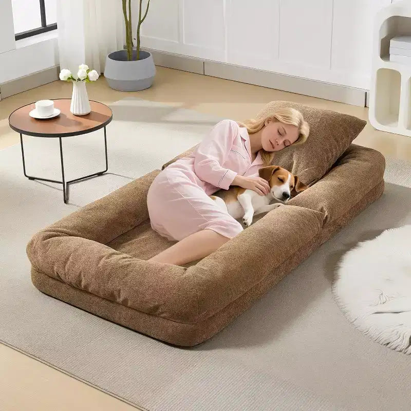 Letto Convertibile per Cani e Umani, Divano Letto Relax con Schienale Regolabile in 5 Posizioni, Poltrona Sacco, Cuccia Grande per Animali Domestici con Struttura in Metallo, per Soggiorno