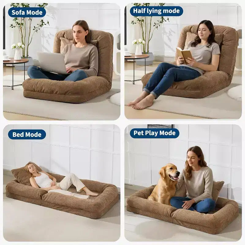 Letto Convertibile per Cani e Umani, Divano Letto Relax con Schienale Regolabile in 5 Posizioni, Poltrona Sacco, Cuccia Grande per Animali Domestici con Struttura in Metallo, per Soggiorno